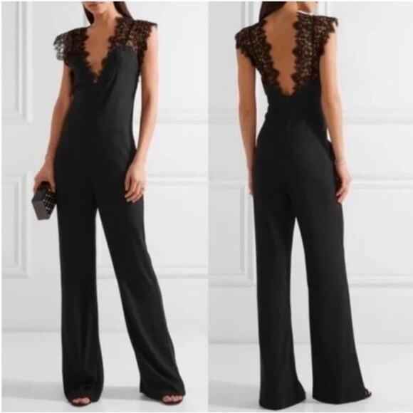 Theory Black Zuzanna Sleeveless Lace Wide Leg Crepe Romper...
